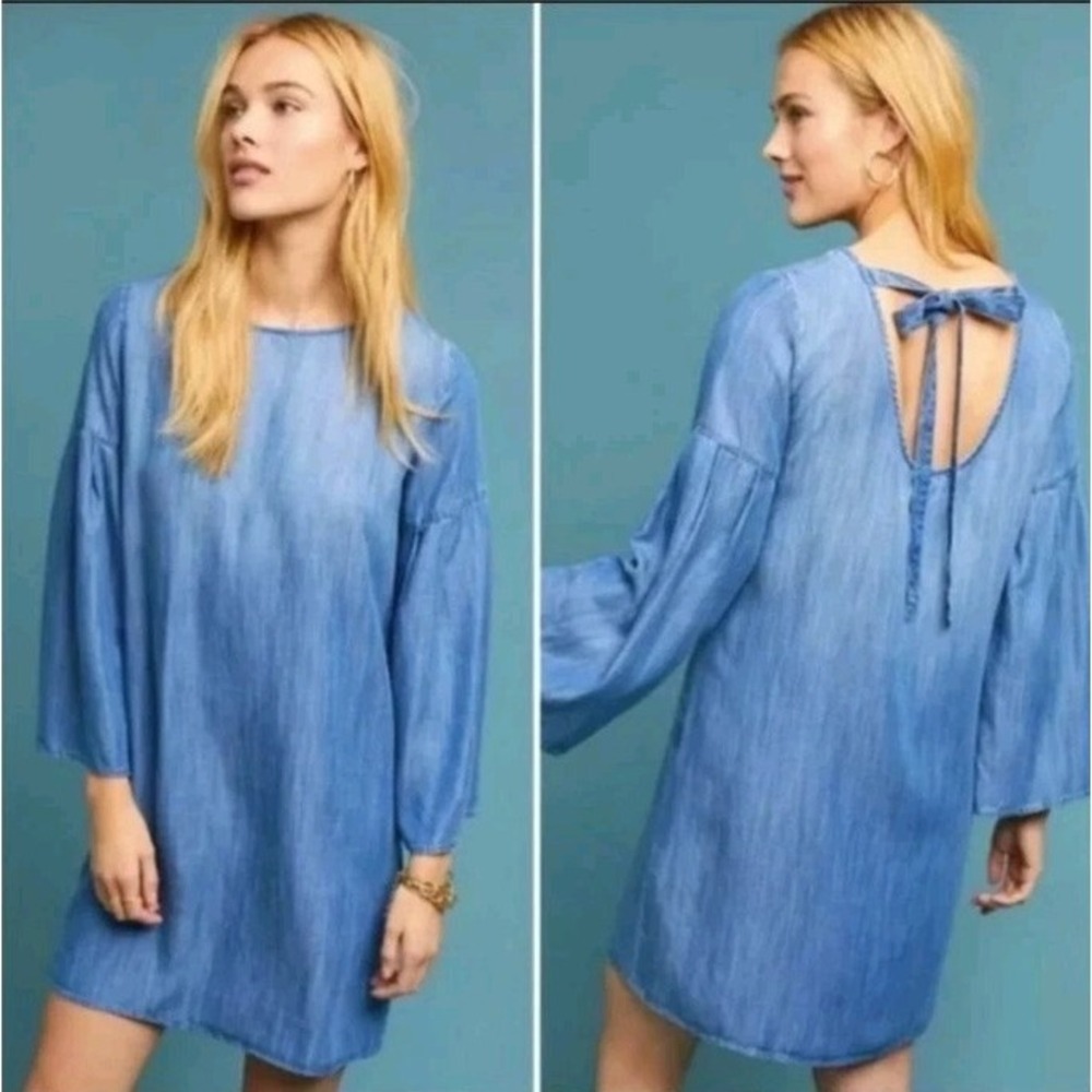 New Cloth & Stone Anthropologie Chambray Tie Back Shift Dress Bell Sleeve Boho S